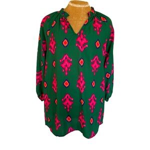 First Love Green and pink ikat print long sleeve n-neck top size medium